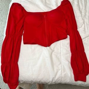 Long puff sleeve red zip up crop top